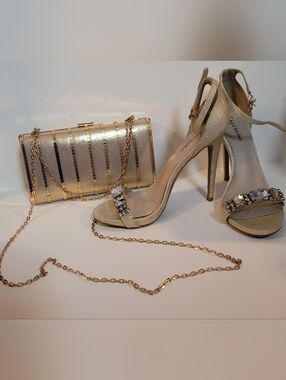 Zigi Soho Gold Glitter Crystal Strap High Heels With Matching Clutch